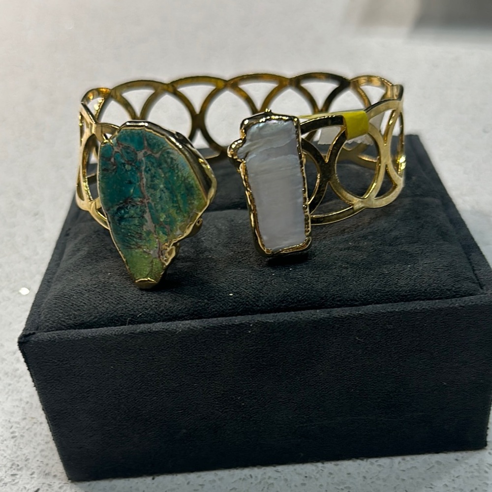 Gold Cuff Bracelet with Green and White Stones